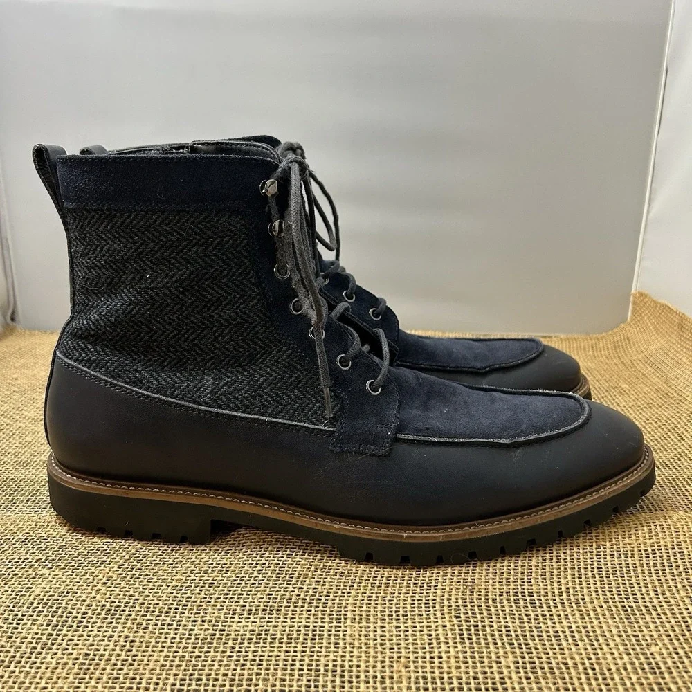 La Milano Hearth Mens Navy Leather Suede Herringbone Lace Up Boots 8521145K 12